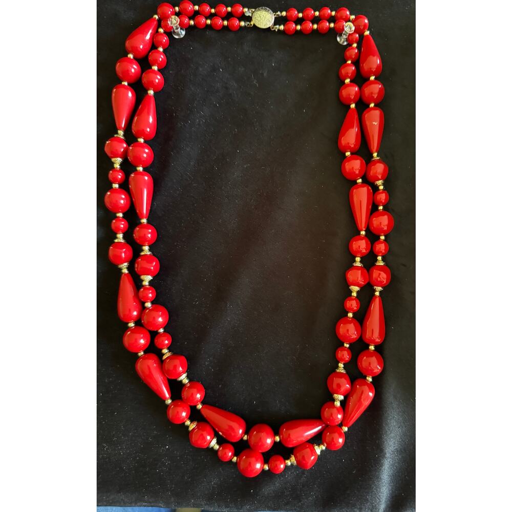 Vintage Retro Red Lucite Double Strand Statement Necklace Bold Beaded 28" N238